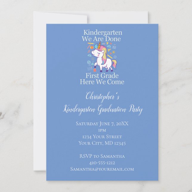 Kindergarten Graduation Party Blue Unicorn  Invitation (Front)