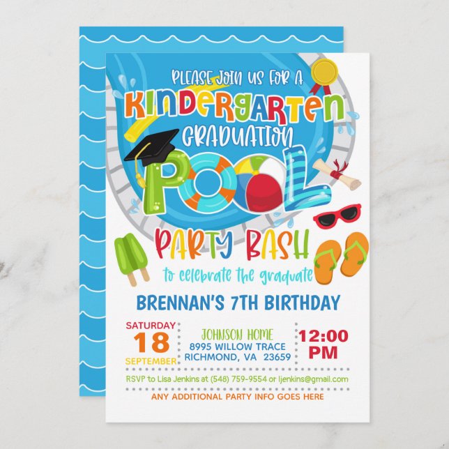 Kindergarten Graduation Pool Party - Boy W Invitation (Front/Back)