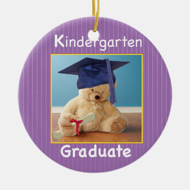 Kindergarten Graduation Teddy Bear on Purple Ceramic Tree Decoration (Front)