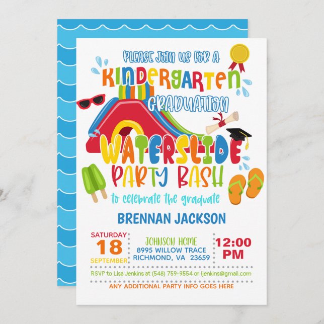 Kindergarten Graduation Waterslide Party - Boy Invitation (Front/Back)
