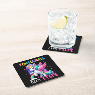 Kindergarten Here I Come Unicorn Back to School Square Paper Coaster