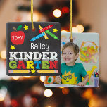 Kindergarten Keepsake Chalk Colourful Kids Photo Ceramic Ornament<br><div class="desc">Kindergarten ornament design features an apple, a ruler, crayons and bold, colourful fun typography! Click the customise button for more options for modifying the text! Variations of this design, additional colours, as well as coordinating products are available in our shop, zazzle.com/store/doodlelulu. Contact us if you need this design applied to...</div>