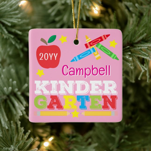 Kindergarten Keepsake Cute Pink Girls Photo Ceramic Ornament (Tree)