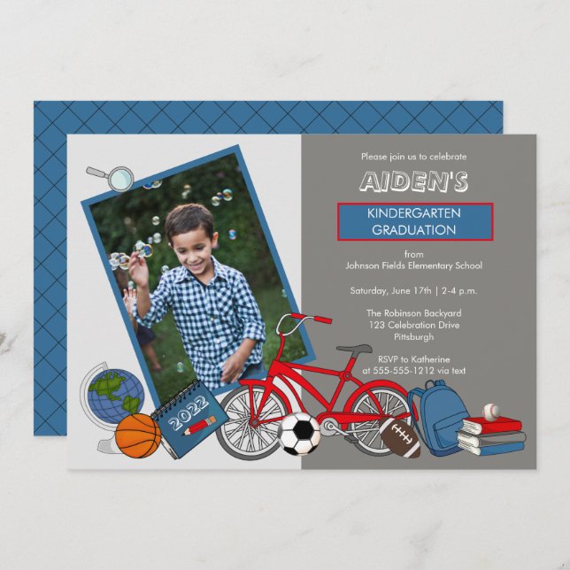 Kindergarten Photo Boy Graduation Party Invitation (Front/Back)