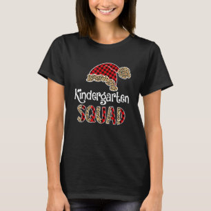 Kindergarten Squad Santa Hat Buffalo Plaid Leopard T-Shirt