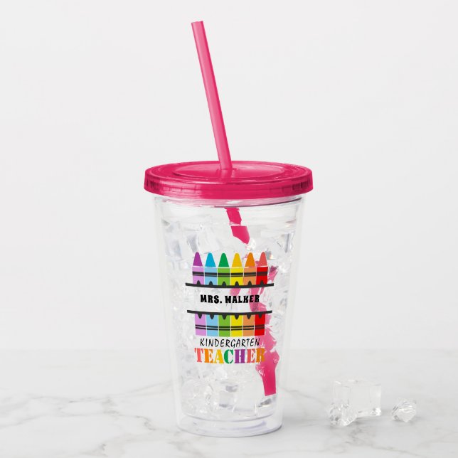 Kindergarten Teacher Colourful Crayons Personalise Acrylic Tumbler (Front Ice)