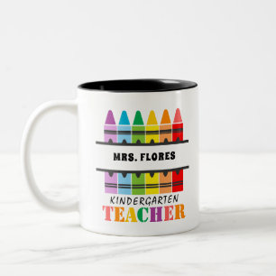 Kindergarten Teacher Colourful Crayons Personalise Two-Tone Coffee Mug