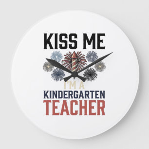 Kindergarten Teacher Fireworks Vintage Shirt Desig Large Clock