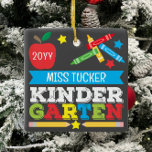 Kindergarten Teacher Keepsake Chalkboard Colourful Ceramic Ornament<br><div class="desc">Kindergarten teacher ornament design features an apple, a ruler, crayons and bold, colourful fun typography! Click the customise button for more options for modifying the text! Variations of this design, additional colours, as well as coordinating products are available in our shop, zazzle.com/store/doodlelulu. Contact us if you need this design applied...</div>