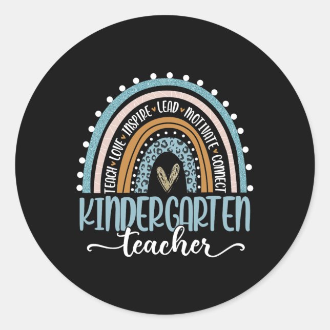 Kindergarten Teacher Leopard Rainbow First Day Of  Classic Round Sticker (Front)