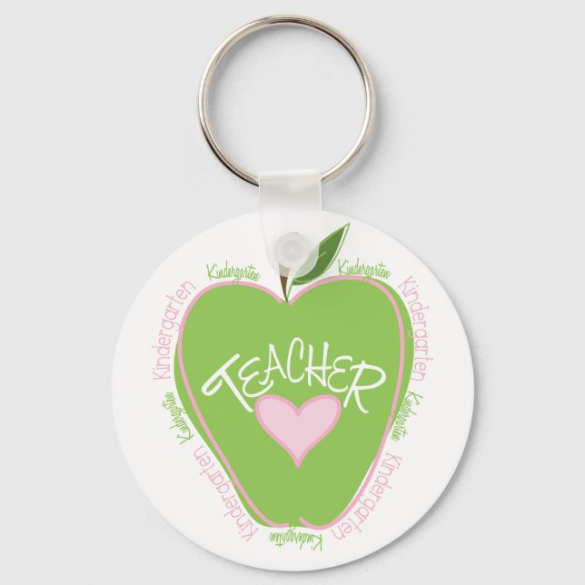 Kindergarten Teacher Pink and Green Apple Key Ring (Front)