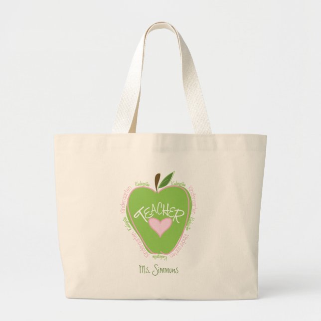 Kindergarten Teacher Pink and Green Apple Large Tote Bag (Front)