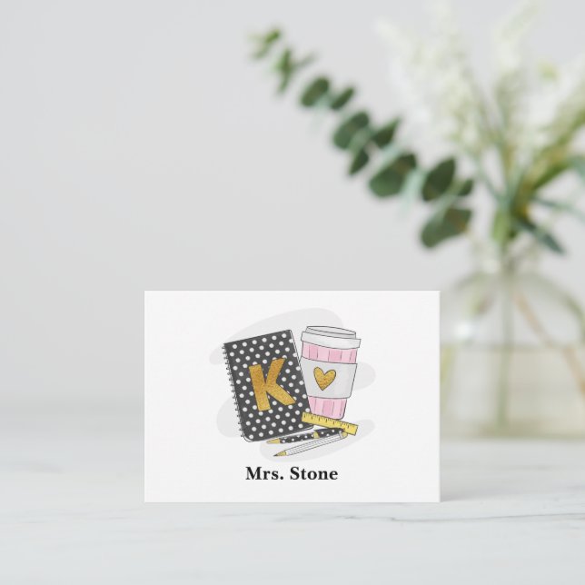 Kindergarten Teacher Preppy Black Notebook Coffee  Card (Standing Front)