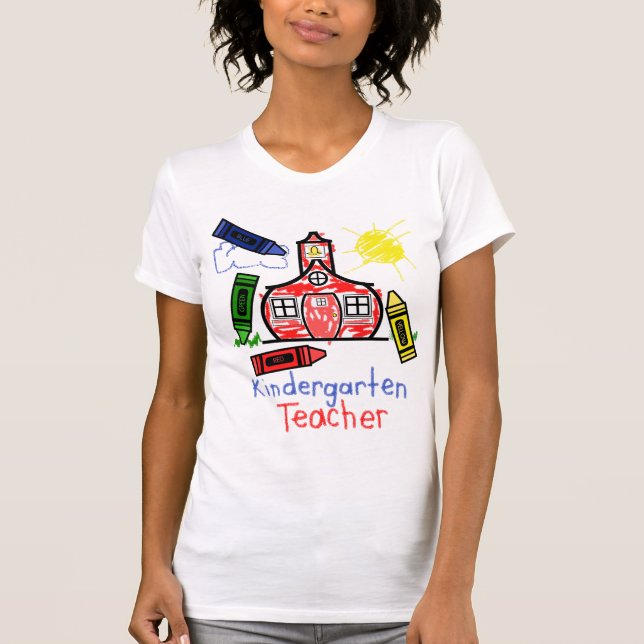 Kindergarten Teacher T Shirt- Schoolhouse & Crayon T-Shirt (Front)