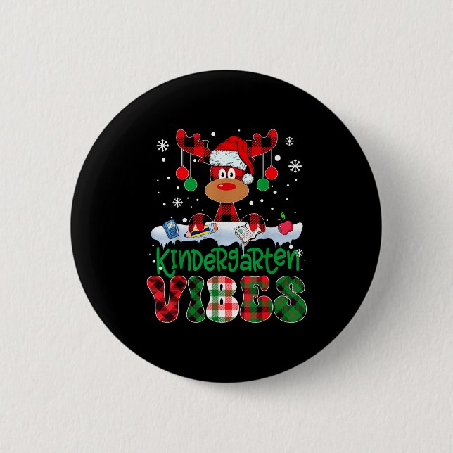 Kindergarten Vibes Teacher Buffalo Plaid Reindeer  6 Cm Round Badge (Front)