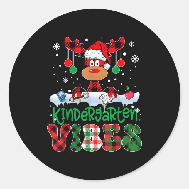 Kindergarten Vibes Teacher Buffalo Plaid Reindeer  Classic Round Sticker (Front)