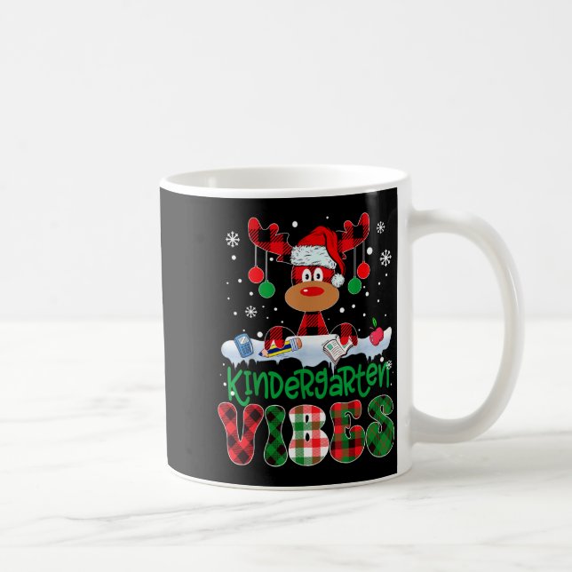 Kindergarten Vibes Teacher Buffalo Plaid Reindeer  Coffee Mug (Right)