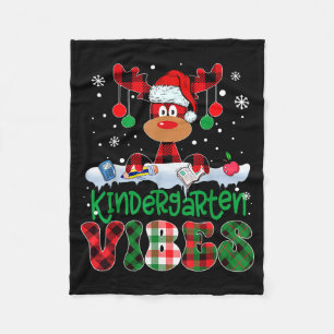 Kindergarten Vibes Teacher Buffalo Plaid Reindeer Fleece Blanket