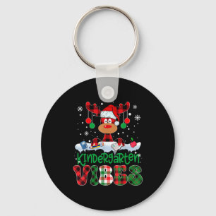 Kindergarten Vibes Teacher Buffalo Plaid Reindeer  Key Ring