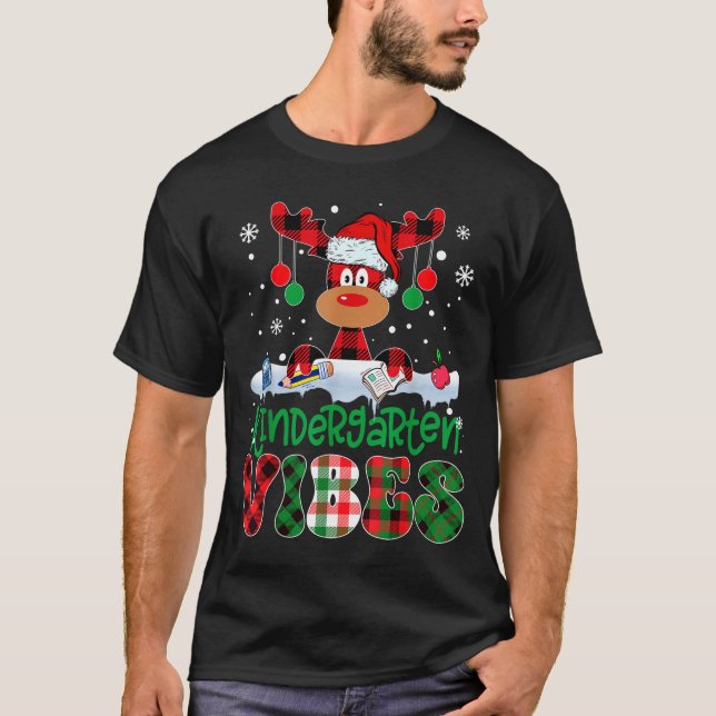 Kindergarten Vibes Teacher Buffalo Plaid Reindeer  T-Shirt (Front)