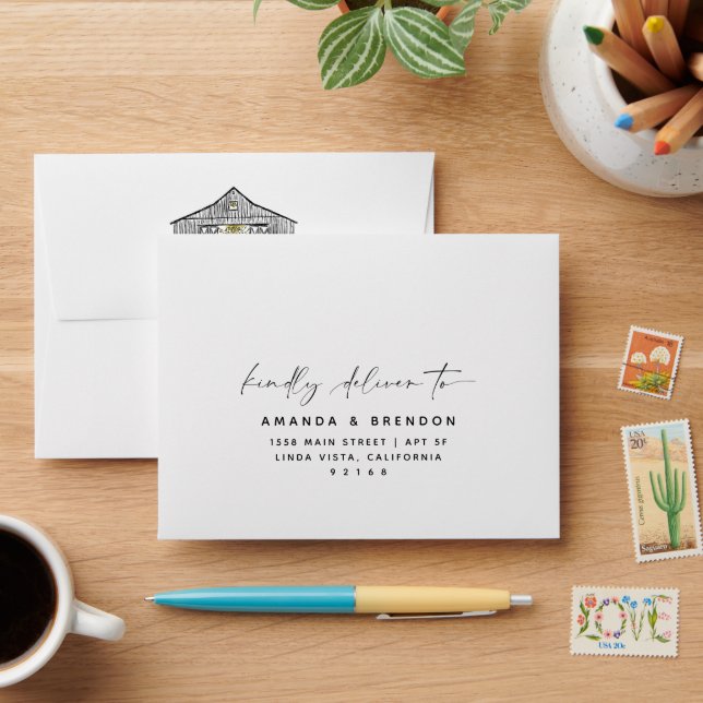 Kindly Deliver Elegant Barn Wedding RSVP Envelope (Desk)