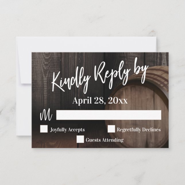 Kindly Reply by Casual Typography Wooden Barrel RSVP Card (Front)