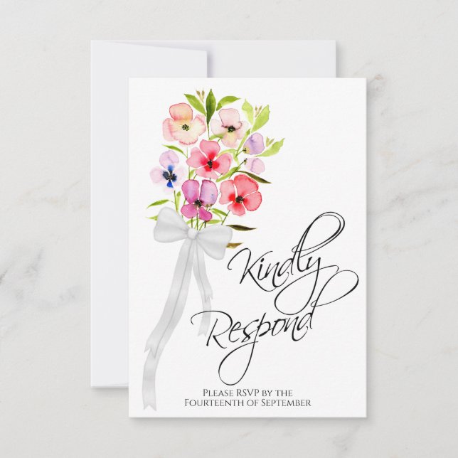 Kindly Respond Pansy Wildflowers Bouquet Wedding RSVP Card (Front)