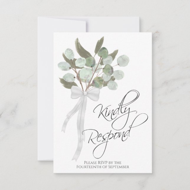 Kindly Respond Rustic Eucalyptus Bouquet Wedding RSVP Card (Front)