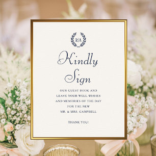 Kindly Sign Monogram Wedding Guest Book Navy Cream