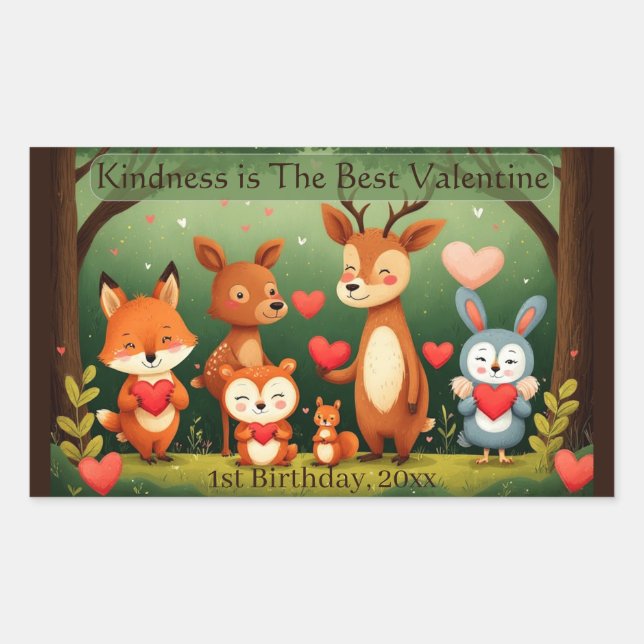 Kindness Best Valentine Woodland Animals Birthday  Rectangular Sticker (Front)