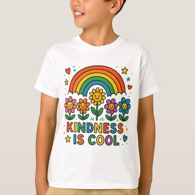 Kindness Is Cool – Rainbow and Flowers Positive Me T-Shirt (Front)