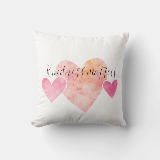 Kindness Matters Pink Watercolor Hearts Cushion (Front)