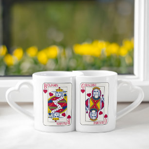 King and Queen of Hearts Custom Name Playing Card Coffee Mug Set