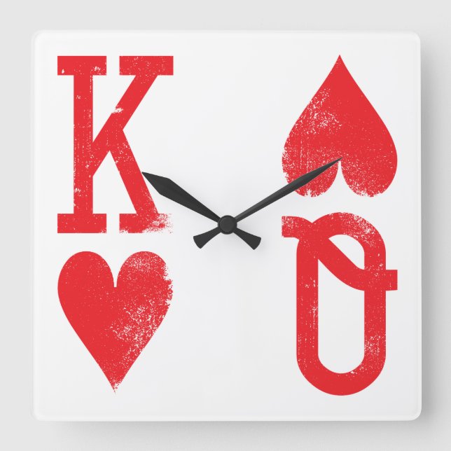 King and Queen of Hearts Playing Cards Game Room Square Wall Clock (Front)