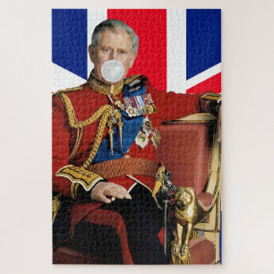 King Charles Blowing White Bubble gum British flag Jigsaw Puzzle