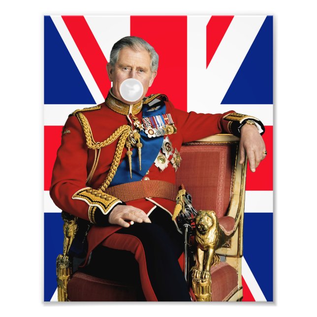 King Charles Blowing White Bubble gum British flag Photo Print (Front)