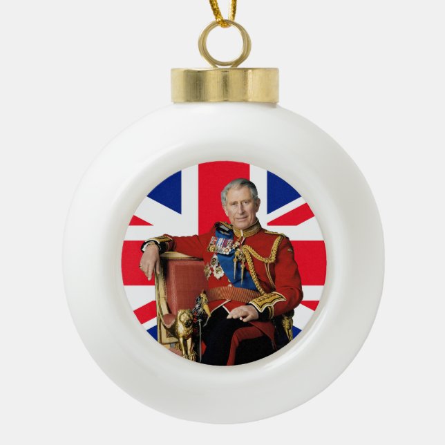 King Charles III British flag Christmas Greeting Ceramic Ball Christmas Ornament (Front)