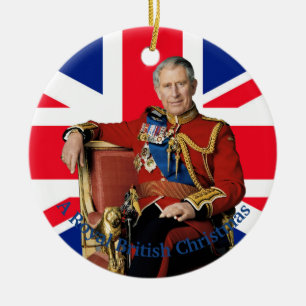 King Charles III British flag Christmas Greeting Ceramic Ornament
