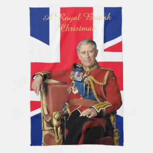 King Charles III British flag Christmas Greeting Tea Towel