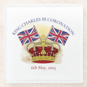 King Charles III Coronation Crown and Flags Glass Coaster