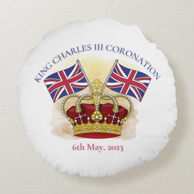 King Charles III Coronation Crown and Flags Round Cushion (Back)