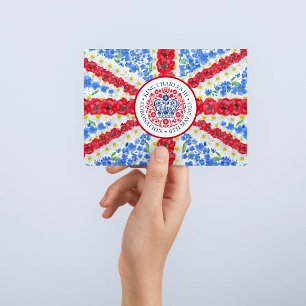 King Charles III Coronation Emblem Floral UK Flag Postcard
