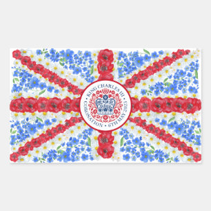 King Charles III Coronation Emblem Floral UK Flag Rectangular Sticker