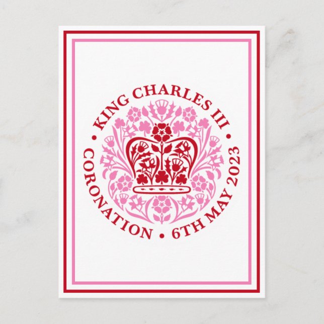 King Charles III Coronation Emblem Logo Red Pink Postcard (Front)