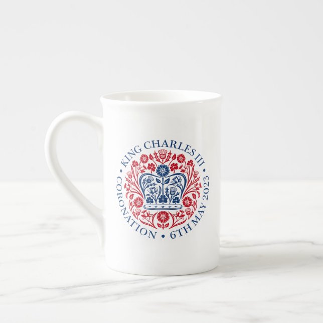 King Charles III Coronation Emblem, Royal Souvenir Bone China Mug (Left)
