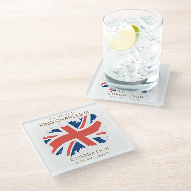 King Charles III Union Jack Flag Glass Coaster (Angled)