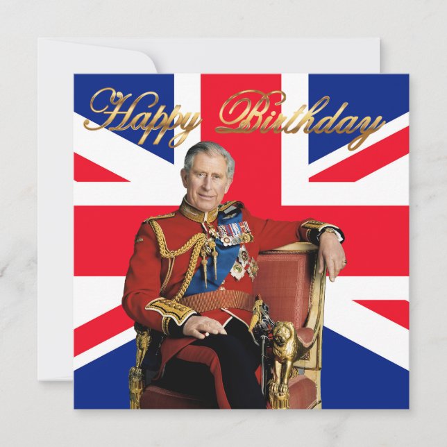 King Charles III with British flag Happy Birthday Card (Front)