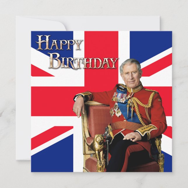 King Charles III with British flag Happy Birthday Card (Front)