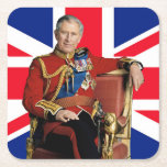 King Charles III with British flag Square Paper Coaster<br><div class="desc">King Charles III with British flag background</div>
