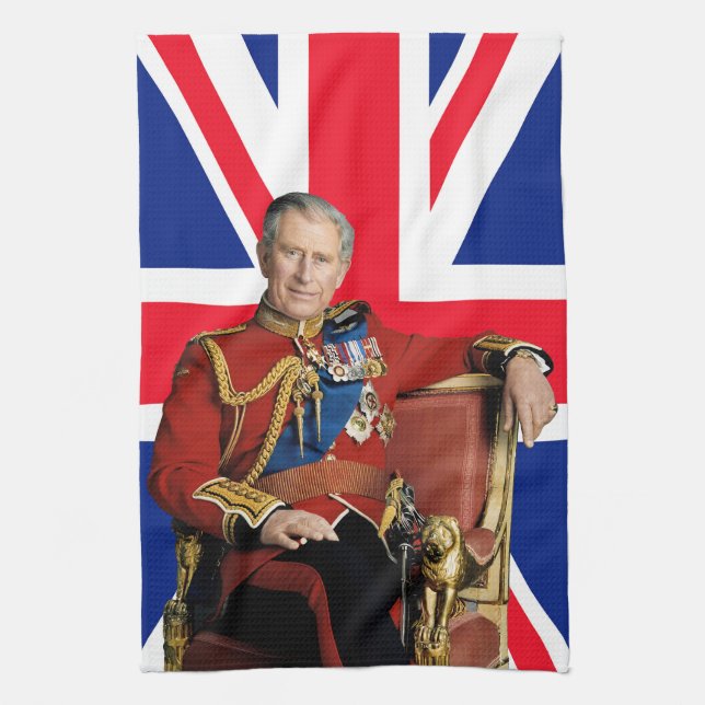 King Charles III with British flag Tea Towel (Vertical)